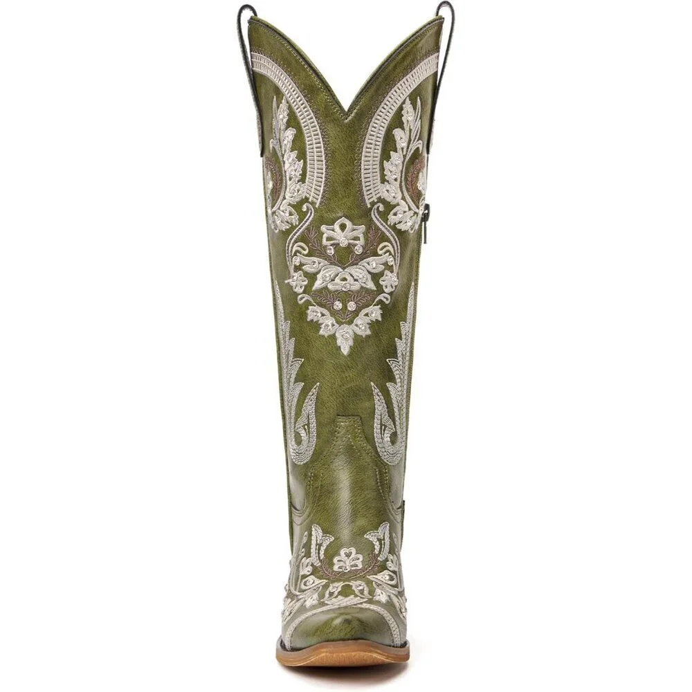 Women Faux Leather Green Rhinestones Embroidered Chunky Heel Knee High Boot